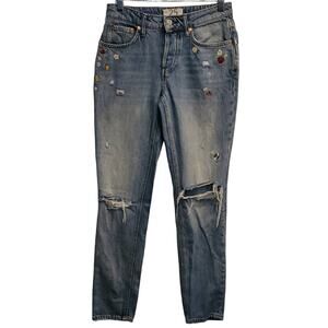 We The Free Twenty-Five 25 Frayed Button Up Embroidery Flower Strawberries Jeans